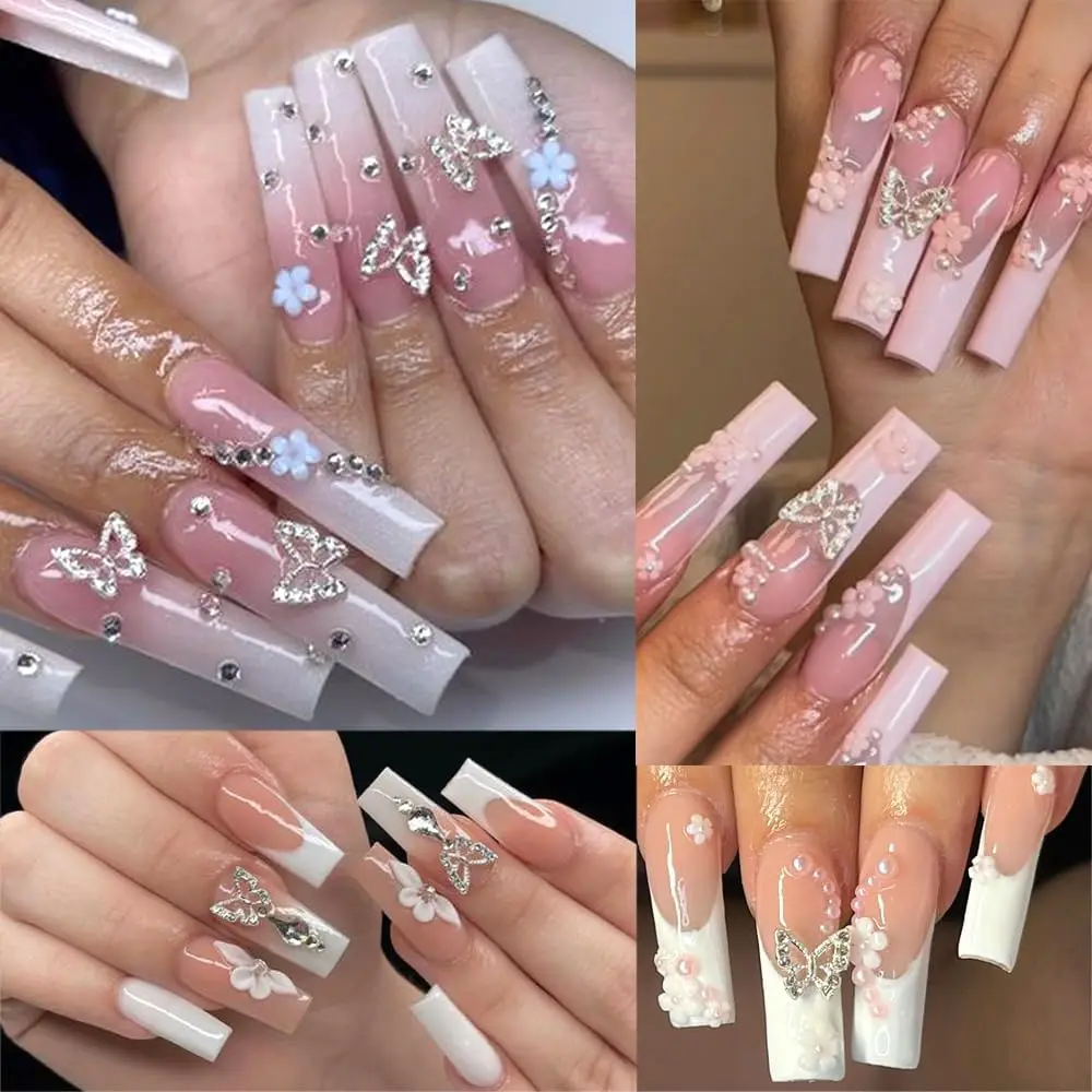 7Gird 3D Pink White Acrylic Flower Butterflies Bows Nail Art Decorations Mix Gold Caviar Beads Pearl Rhinestones DIY Accessories