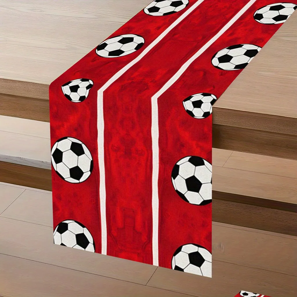 Vibrant Soccer Balls Red Table Runner - Sports Football Motif Decoration for Anniversary Wedding New Year Holiday Party