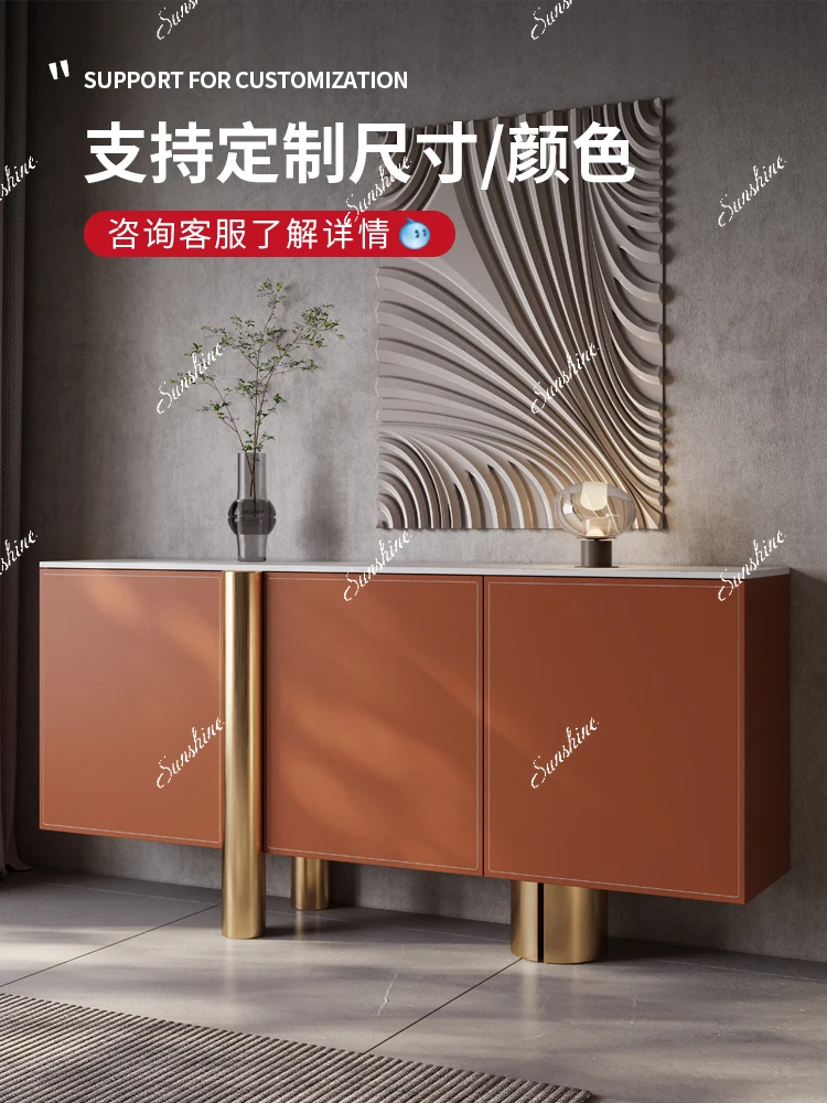 Dining side, integrated against the wall, modern simplicity and light luxury, stainless steel rock slab, storage cabinet