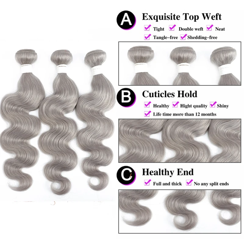 Paket Rambut Manusia Abu-abu Perak Brasil 10-26 Inci Paket Jalinan Rambut Manusia Gelombang Tubuh 3/4 Buah Penawaran Paket Rambut Remy SOKU