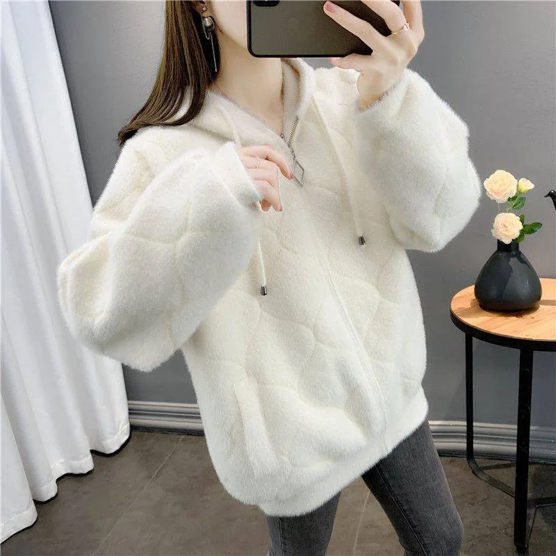 New 2024 Autumn Winter Fashion LooseThickened Hooded Imitation mink Velvet Jacket Women Knitted Cardigan Female Tops Outerwear