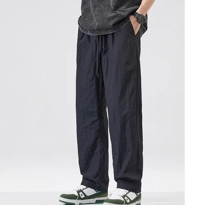 

Мужские летние быстросохнущие свободные прямые брюки из ледяного шелка, спортивные повседневные эластичные брюки на шнурке