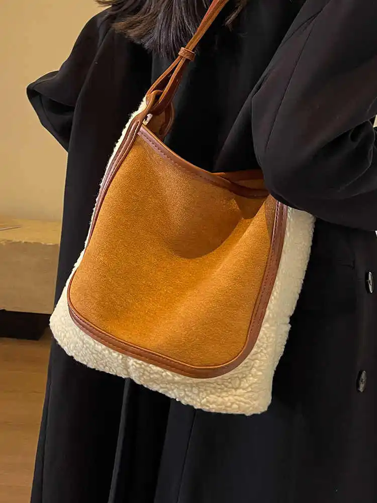 Fashion Lamb Wool Bucket Bag Women Autumn Winter New Large Capacity Versatile Comute Suede Patchwork One Shoulder Crossbody Bags