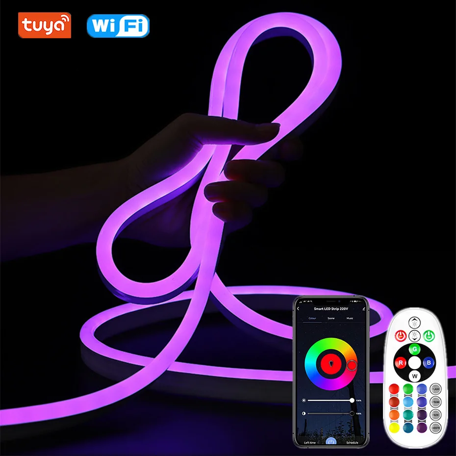 Tuya WiFi/Bluetooth/Remote 220V Neon LED Strip RGB 5050 Flexible LED Rope Light Outdoor Waterproof LED Tape EU AU UK Plug 1-50m