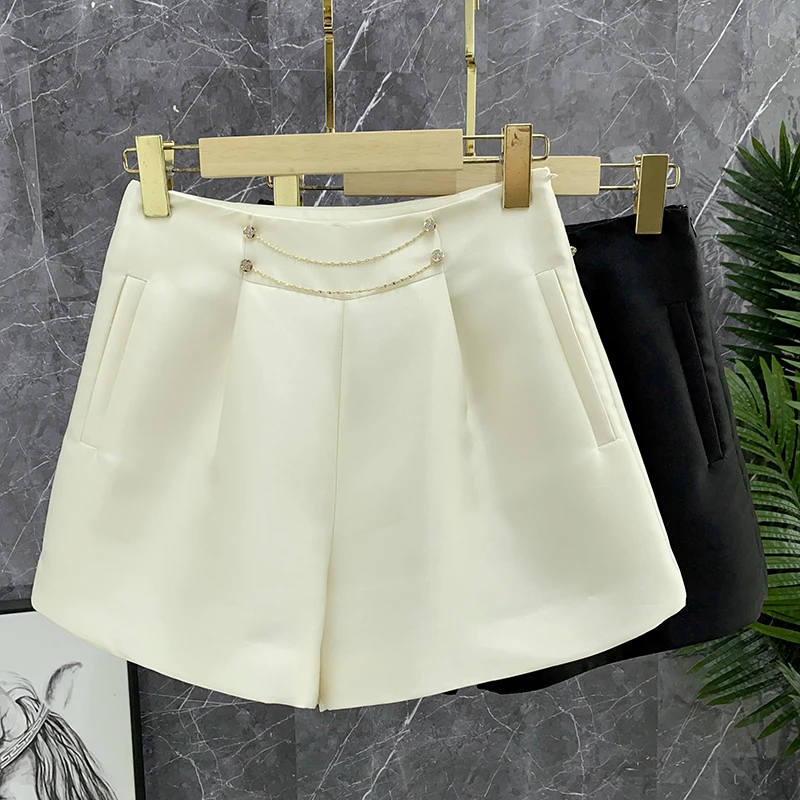 

White Wide Leg Short Pants Women's Summer Fashion Good Proportion Long Legs Effect Casual Commute Style High Waist Polyester