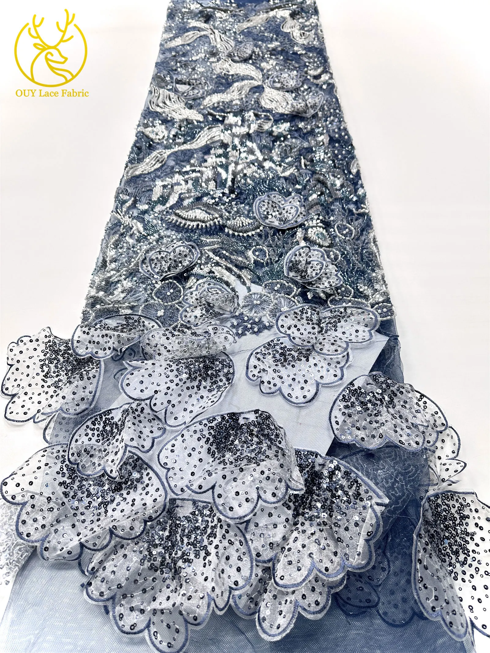 Luxus Schwarz 3D Schmetterling Blumen Stickerei Kleid Spitze Stoff Afrikanische Gold Perlen Pailletten Tüll Spitze Stoff Party Kleider – Detail 15