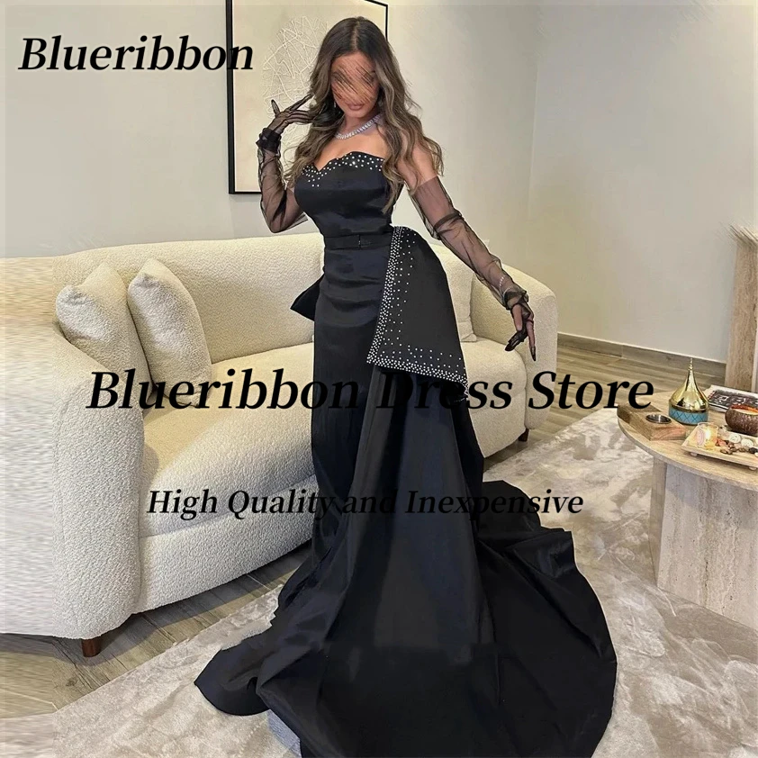 Blueribbon-Vestidos de noche con escote corazón para mujer, Vestidos de fiesta con cuentas y lazo grande, Vestidos largos de tren, ropa de Arabia Saudita, color negro