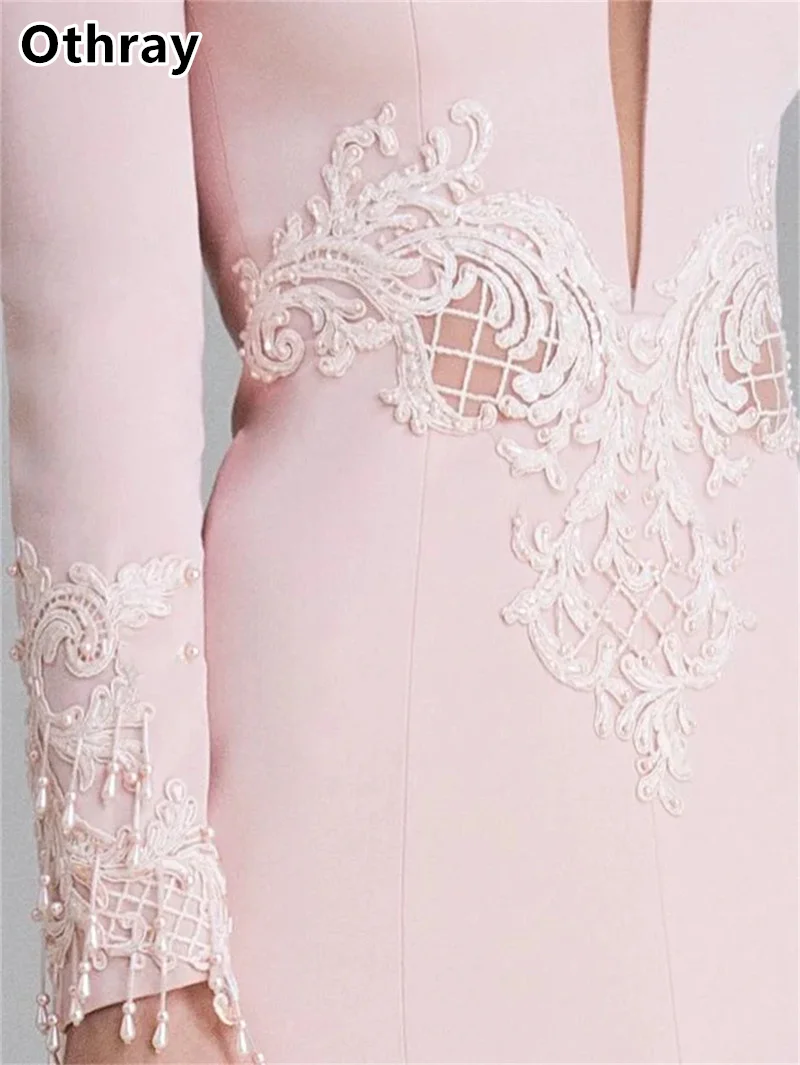 Othray Sweet Pink Evening Dresses Applique Beaded Deep V Neck Long Sleeves Modern Formal Prom Gowns Wedding Guest Robe 2025