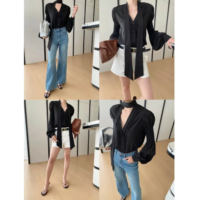 Light Mature Elegant Style French Pleated Design with A V-neck and Drawstring Lantern Sleeve Shirt