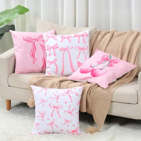 4 पीस गुलाबी धनुष चेरी पैटर्न मुद्रित तकिया कवर जन्मदिन कुशन कवर सोफा कुशन कवर गुलाबी धनुष पार्टी सजावट की आपूर्ति 6 best sales गुलाबी कुशन कवर - №6