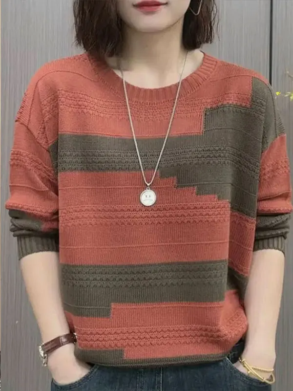 Color Block Knitwear round Neck Casual Style Women's Fashionable Slimming Top Korean Version Autumn New Arrival Versatile