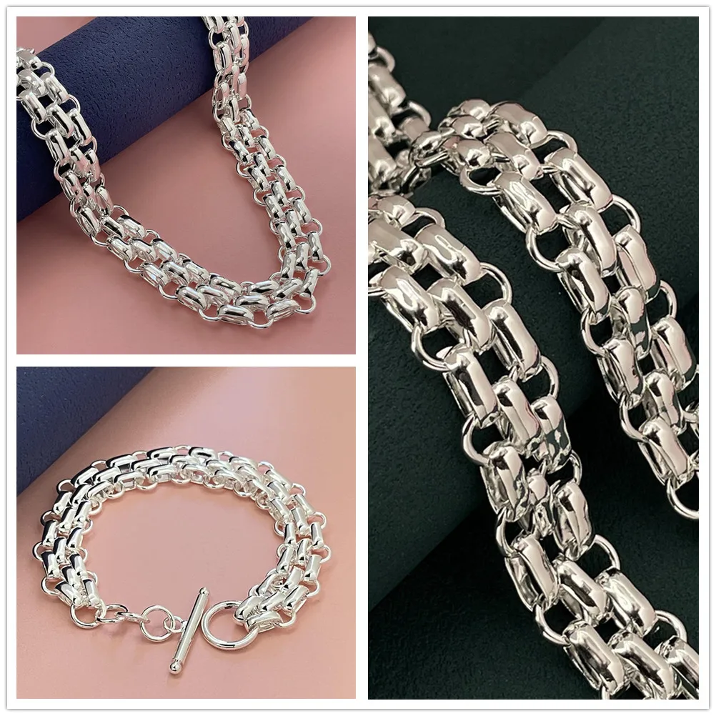 

Lihong 925 Sterling Silver Interlock Chain Necklace Bracelet Set for Women Man Wedding Engagement Party Jewelry Gifts
