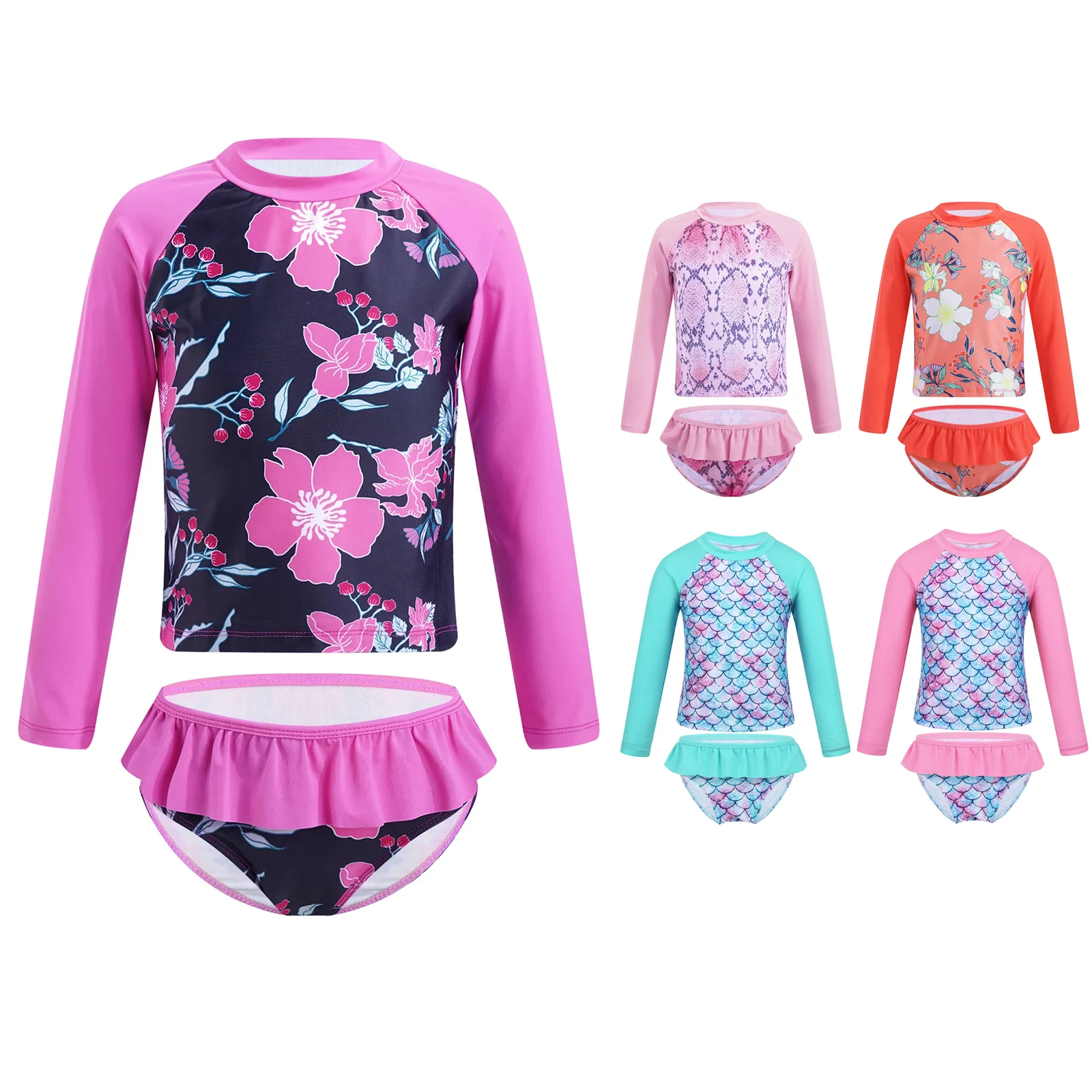 

Girls Two Piece Swimwear Long Sleeve Rash Guard Shirts Tops with Bottoms Tankini Set Quick-Dry Bathing Suit Summer Beach Wear