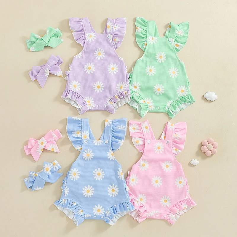 

Tregren 0-18M Infant Baby Girls Rompers Floral Print Ruffles Fly Sleeve Waffle Bodysuits Summer Toddler Clothes with Headband