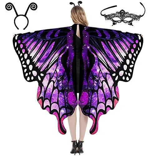 Erwachsene Halloween Cosplay Schmetterling Umhang Farbverlauf Bunte Tanzdekoration Flügel Bühnenkostüme mit Maske + Tentakel Anzug