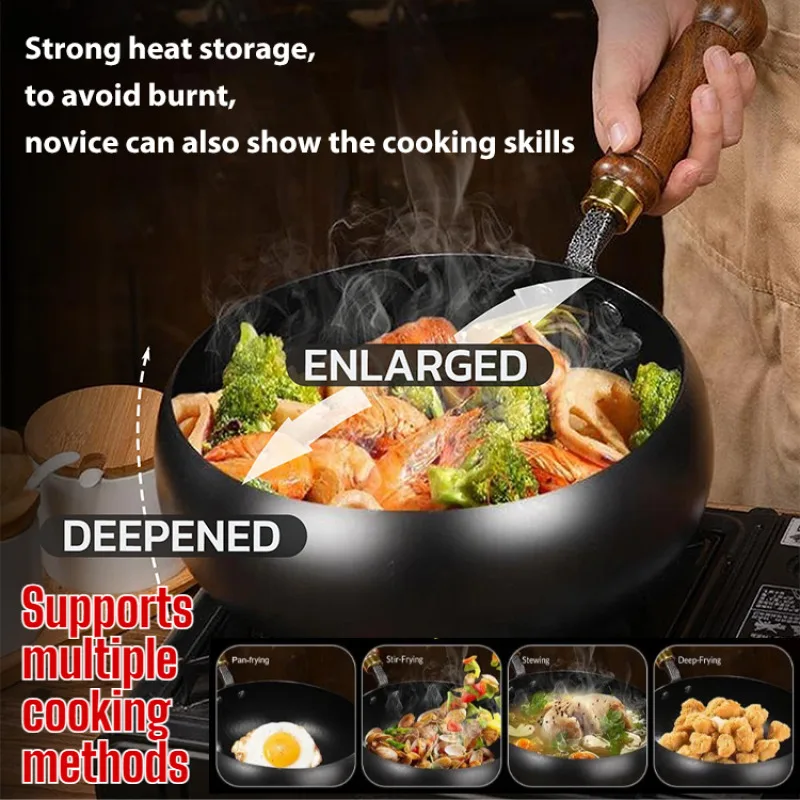 24/26cm Multifunction Frying Pan Rustproof Nonstick Frying Uncoated Pot with Big Belly with Wood/Glass Lid Gas Induction Cooker