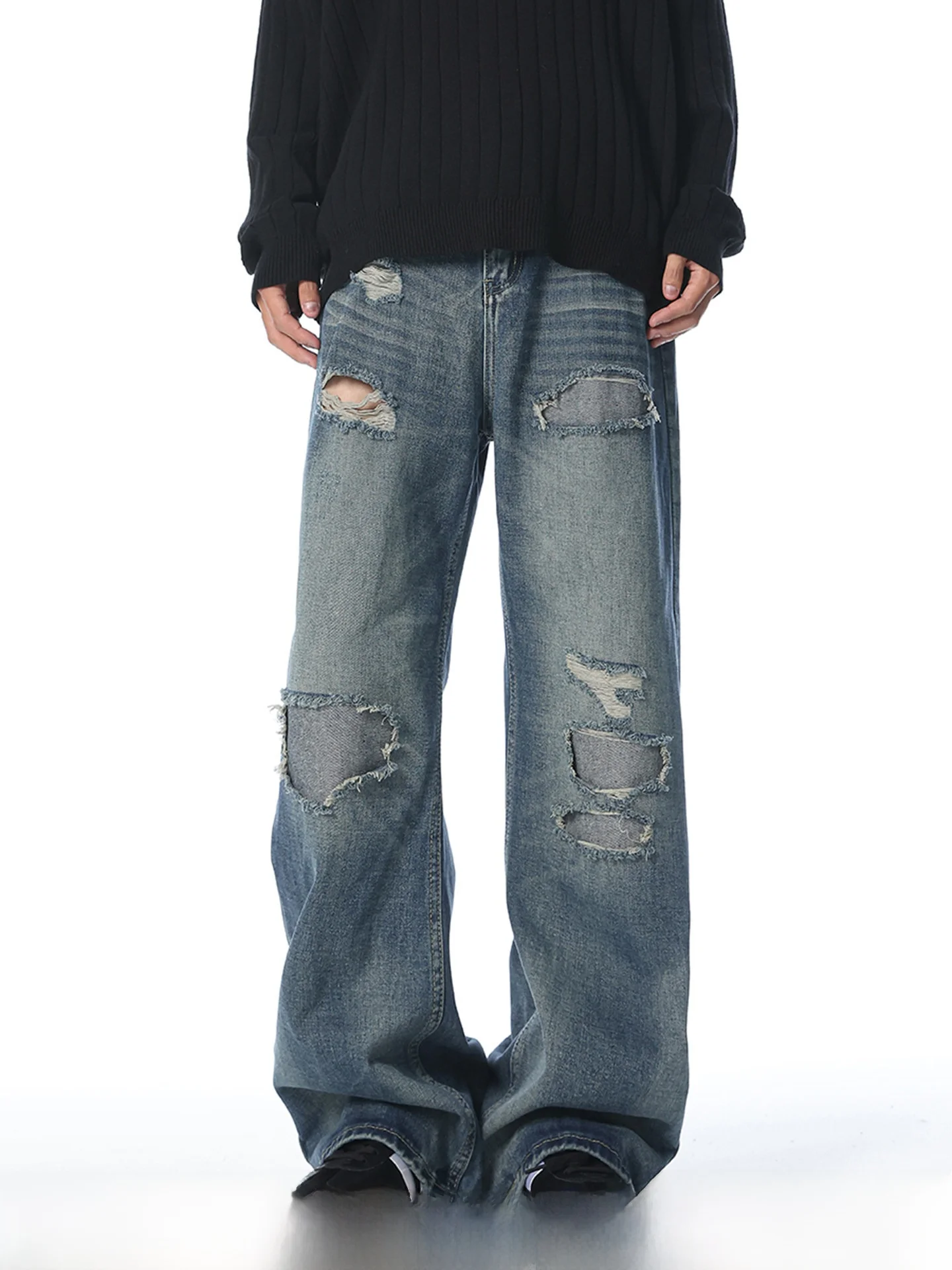 

Retro High Street Men's Jeans Patchwork Washed Loose Straight Leg Long Pants Spring New Style Trendy Brand Casual Cotton Denim