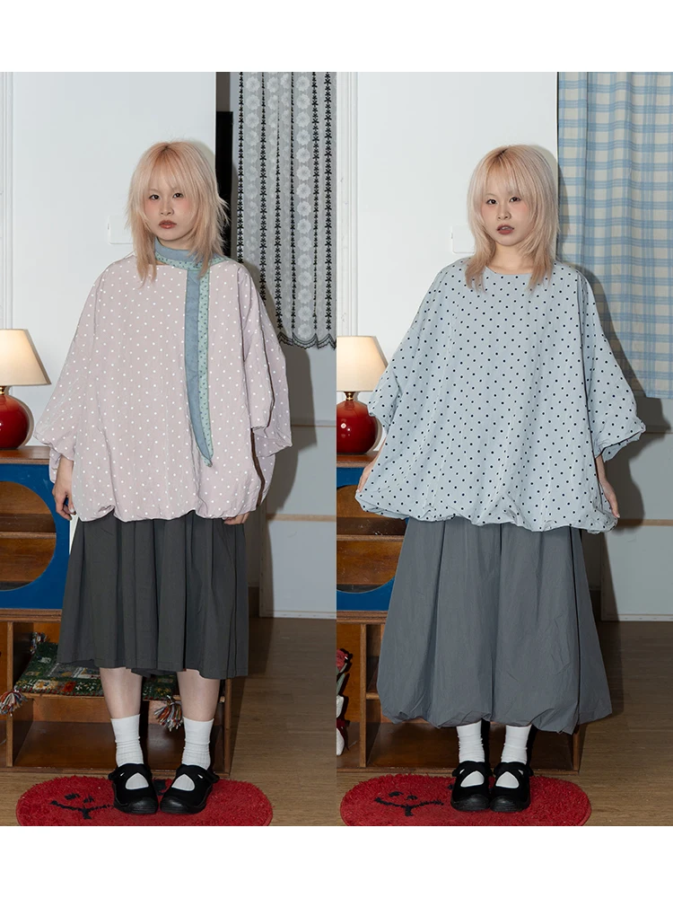 

Loose Polka Dot Bloomer irt Women's Casual Sle Cotton Blend Spring Season Comfortable Breathable round Ne Seven Quarter...