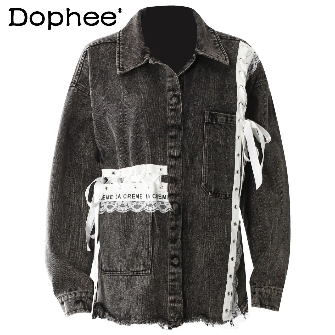 2025 Spring New Sweet Retro Webbing Lace Splicing Rough Edge Washed Old Loose Denim Shirt Jacket Women Denim Jacket