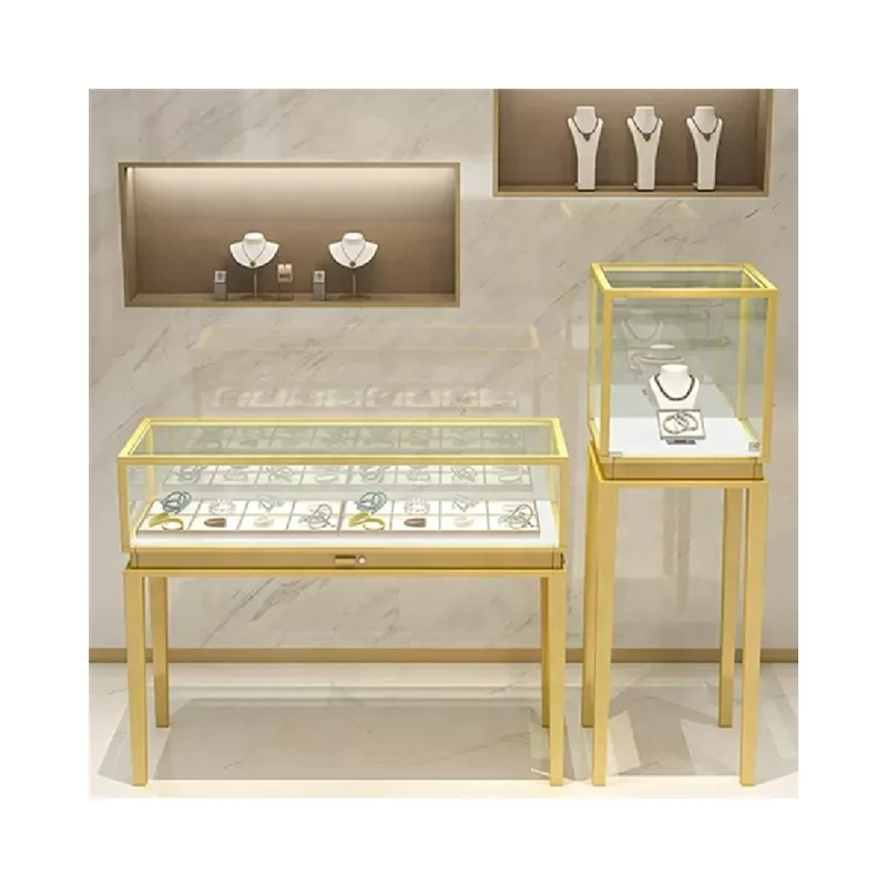 

Customized product、Luxury Showroom Counter Stainless Steel Store Furniture Glass Jewelry Display Showcase Jewelry Cabi