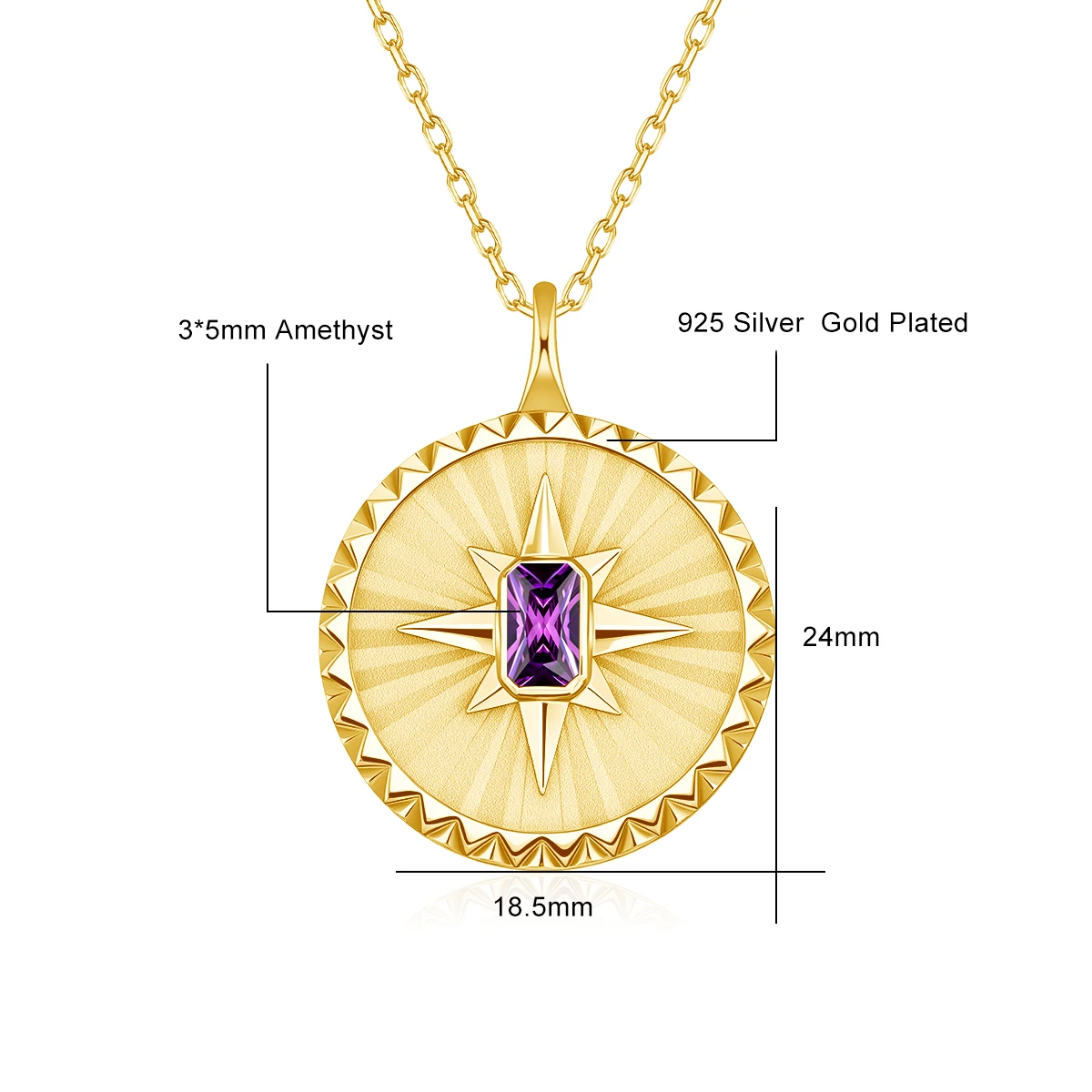 Natuurlijke Amethist Sunburst Disc Ketting 14K Goud Gevulde Emerald Cut Moissanite Hanger Verbleekbestendig Vintage Sieraden voor Vrouwen
