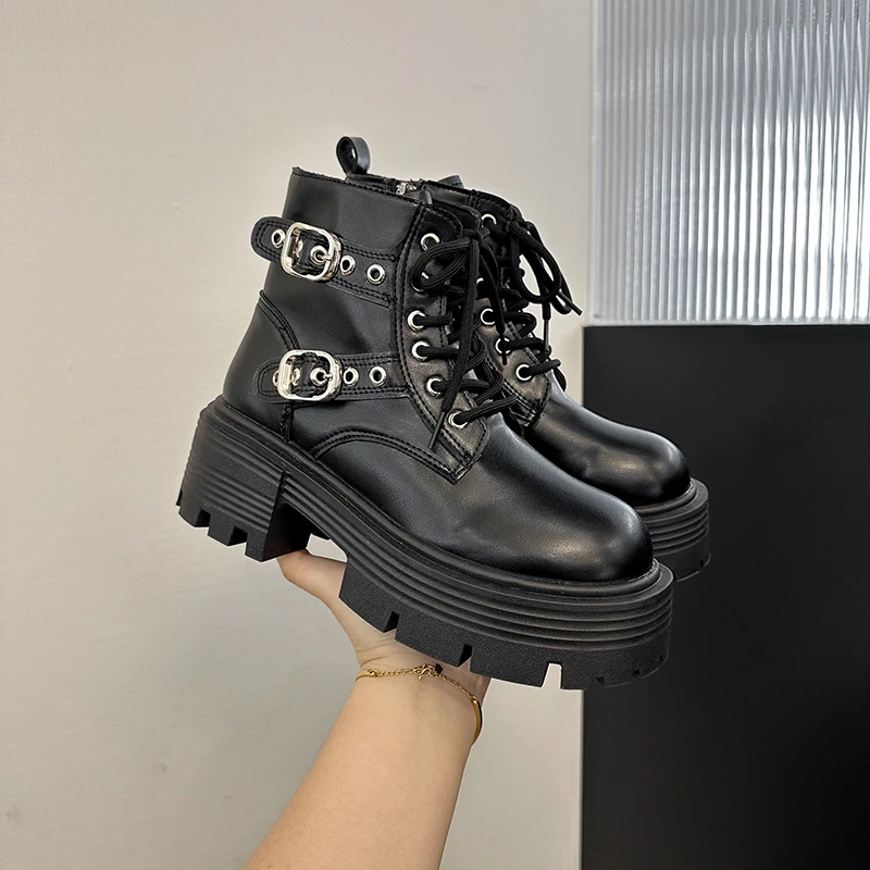 

Новые женские ботильоны из искусственной кожи, женские осенне-зимние туфли на шнуровке с круглым носком, женские мотоциклетные ботинки на платформе, готические ботинки для косплея
