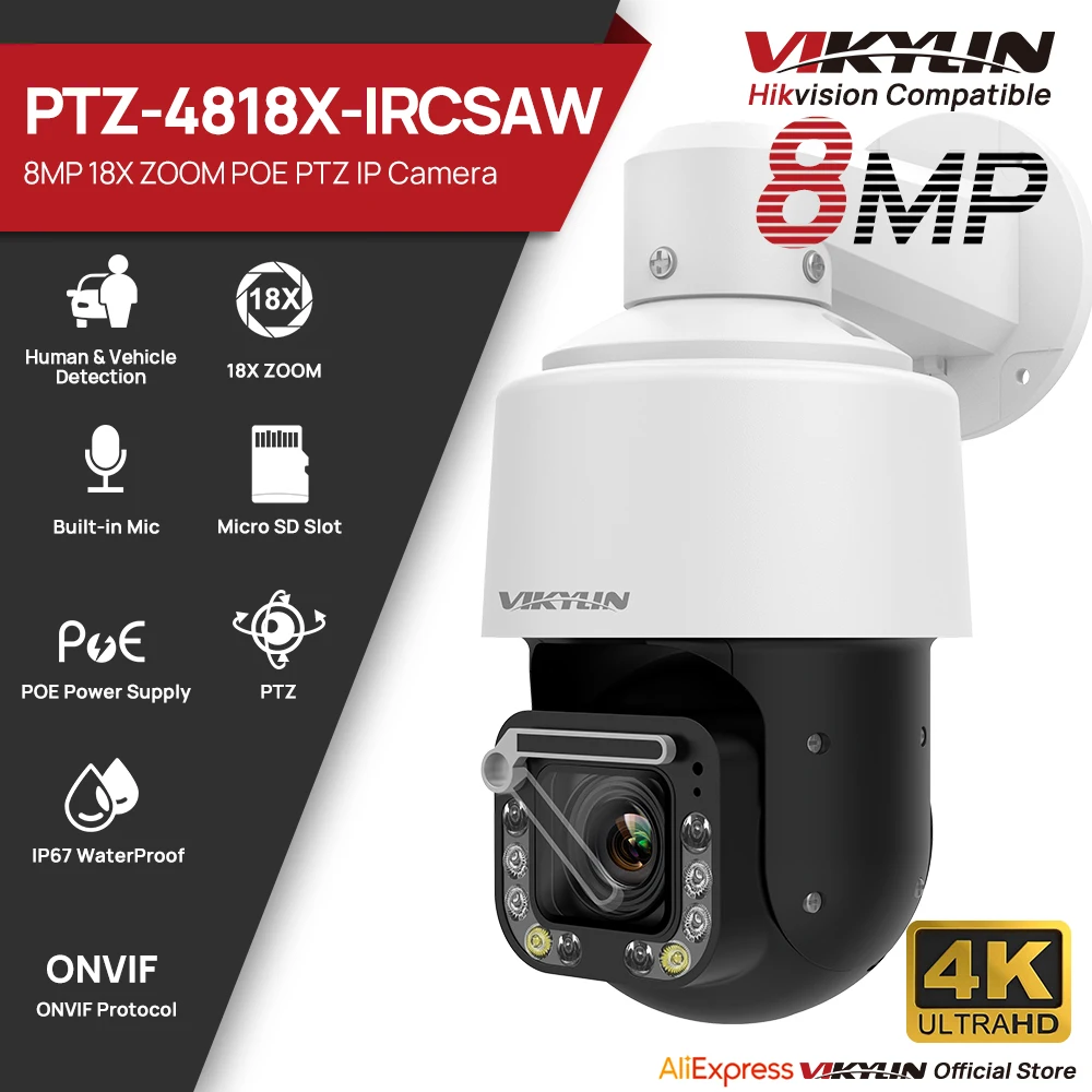 Vikylin 4K 8MP 18X Optical Zoom PTZ IP Camera Smart Dual Light Human Tracking Two-way Audio Outdoor Home CCTV Security Camera