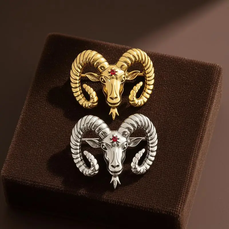 1Pcs Vintage Aries Ram Head Brooch Shiny Red Zircon Inlay Gold Silver Color Options For Office Daily Wear And Gifting