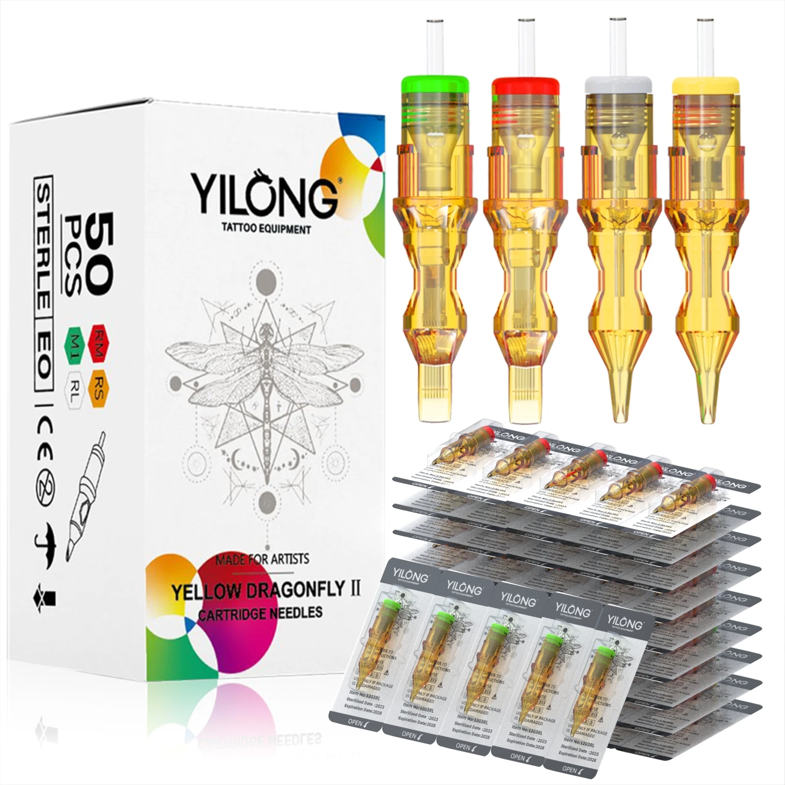 50pcs/Box YILONG Tattoo Cartridge Needles Mixed Size RL/RS/M1 Disposable Safety for Tattoo Gun Permanent Makeup Needles