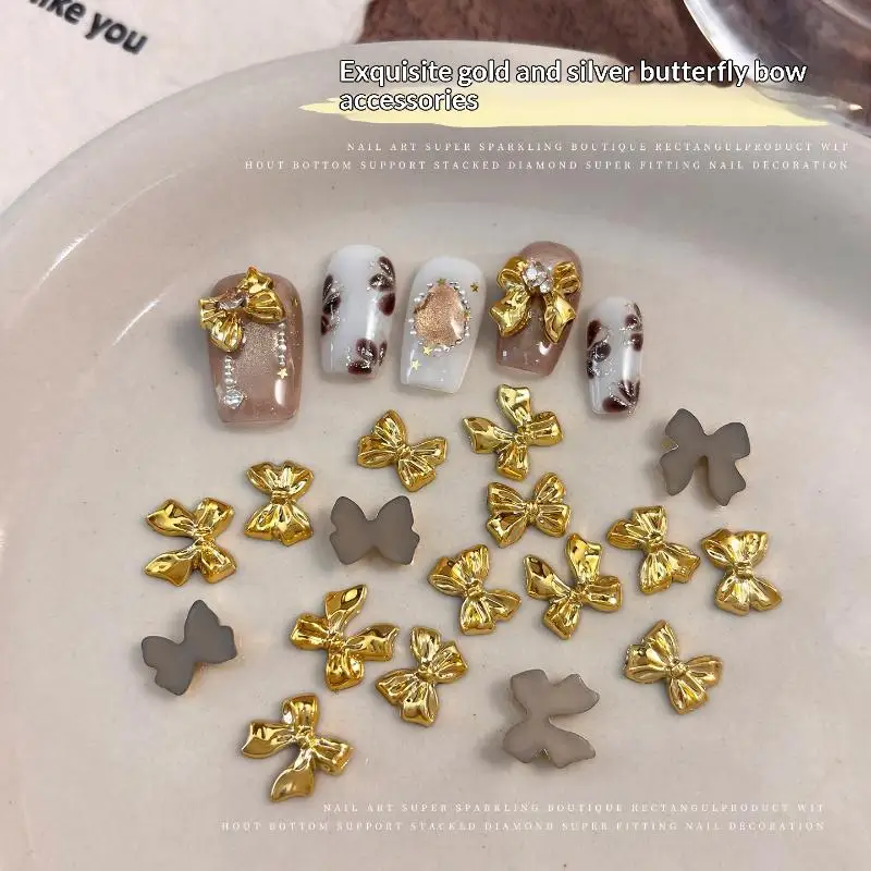 SU 50pcs Gold Silver Brief French Bow Tie Bowknots Ribbon Resin Nail Art Rhinestones Decorations Manicure Imitation Metal Charms