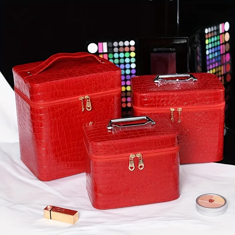 

1pc Crocodile Pattern Makeup Case With Handle Large Capacity Zipper Cosmetic Train Case Travel Organizer For Makeup Women