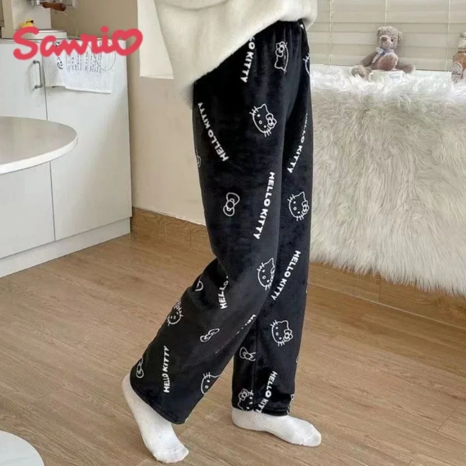 

Hello Kitty Kawaii Pajamas Pants Y2k Cartoon Black Cute Women Soft Plush Thickening Keep Warm Trousers Female Casual Pant