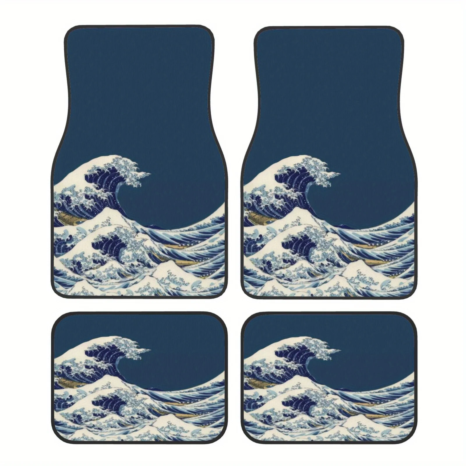A Collection Of Four Universal Car Floor Mats Featuring A Wave Pattern, Crafted From High-Density Polyester, Appropriate For Yea