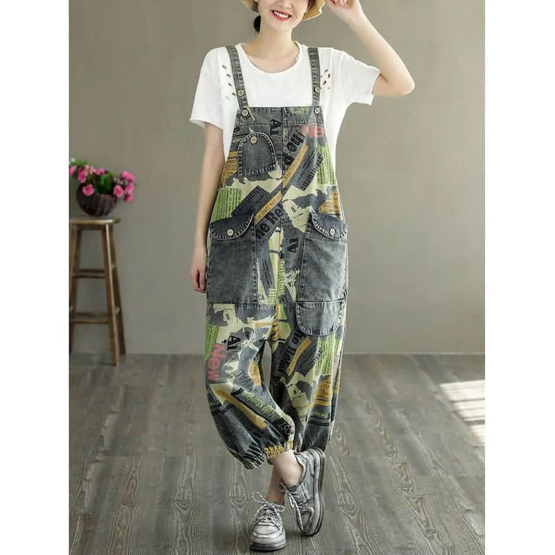 Denim Jumpsuits for Women Printed Korean Style Overalls One Piece Outfit Women Rompers Casual Vintage Playsuits Straight Pants