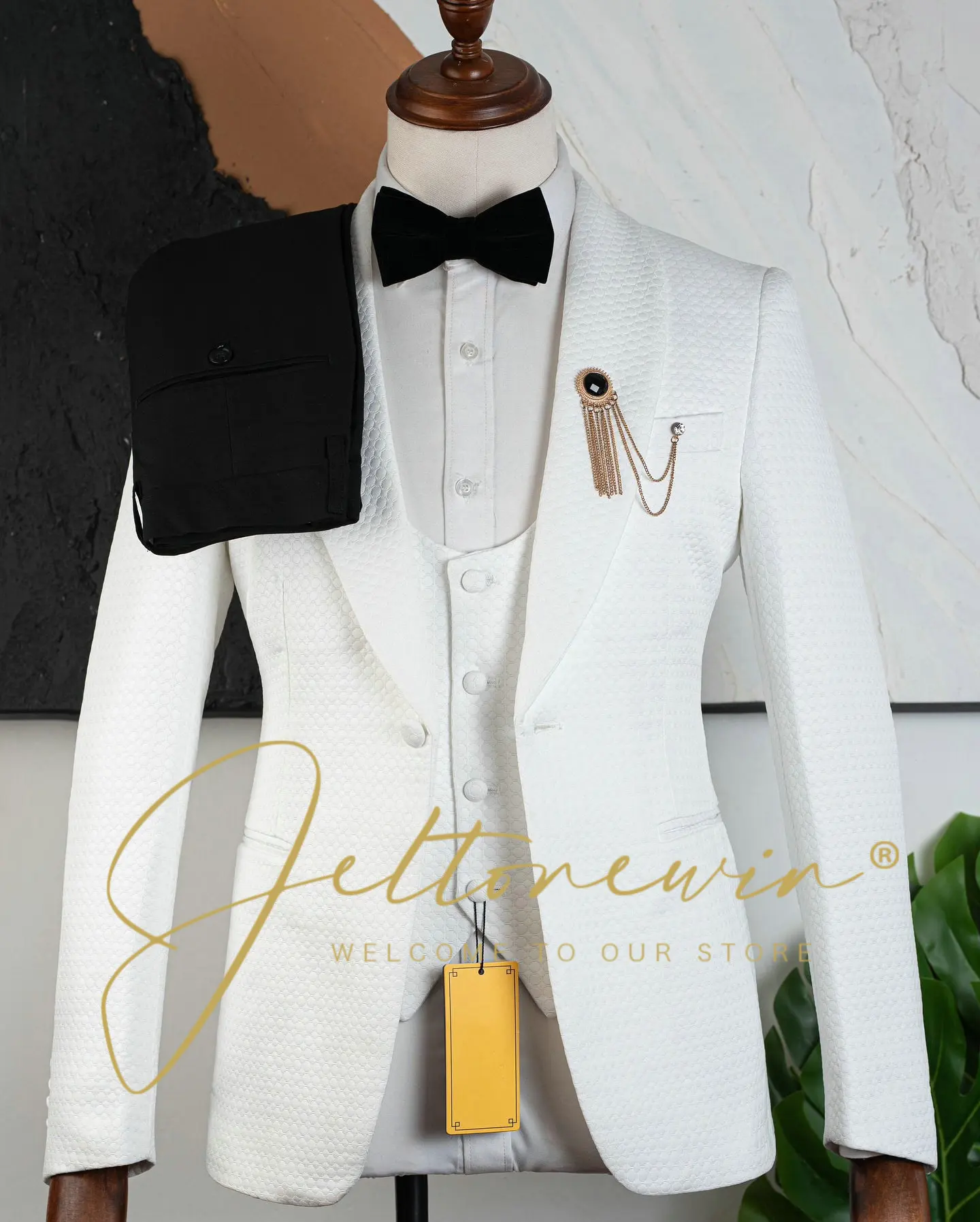 

New Designs Men's Tuxedo Suit 3 Pieces Set For Wedding Elegant Modern Style Groom Evening Formal Outfit Jacquard Costume Homme