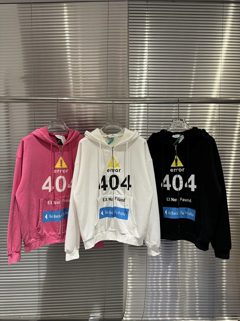 

High Quality Fashion Street Brand 2025FW New 404 Error Print Zip-Up Hoodie Unisex Washed Vintage Oversized Streetwear Jacket