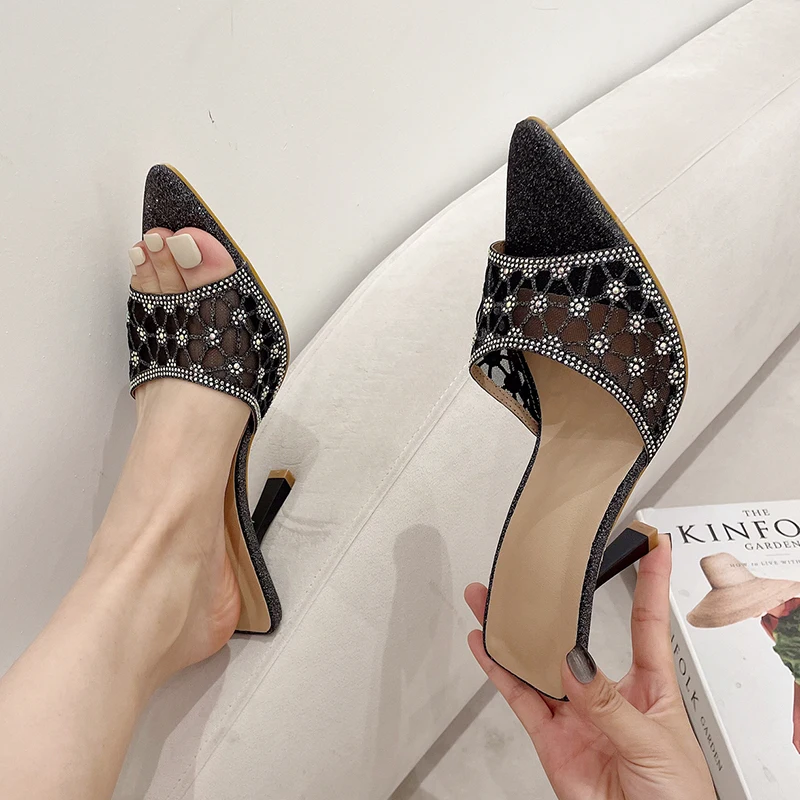 ZOOKERLIN Pointed Peep Toe Rhinestone Mesh Women's Slippers Stiletto High Heels Solid Color Slip On Slides Summer Breathe Pumps