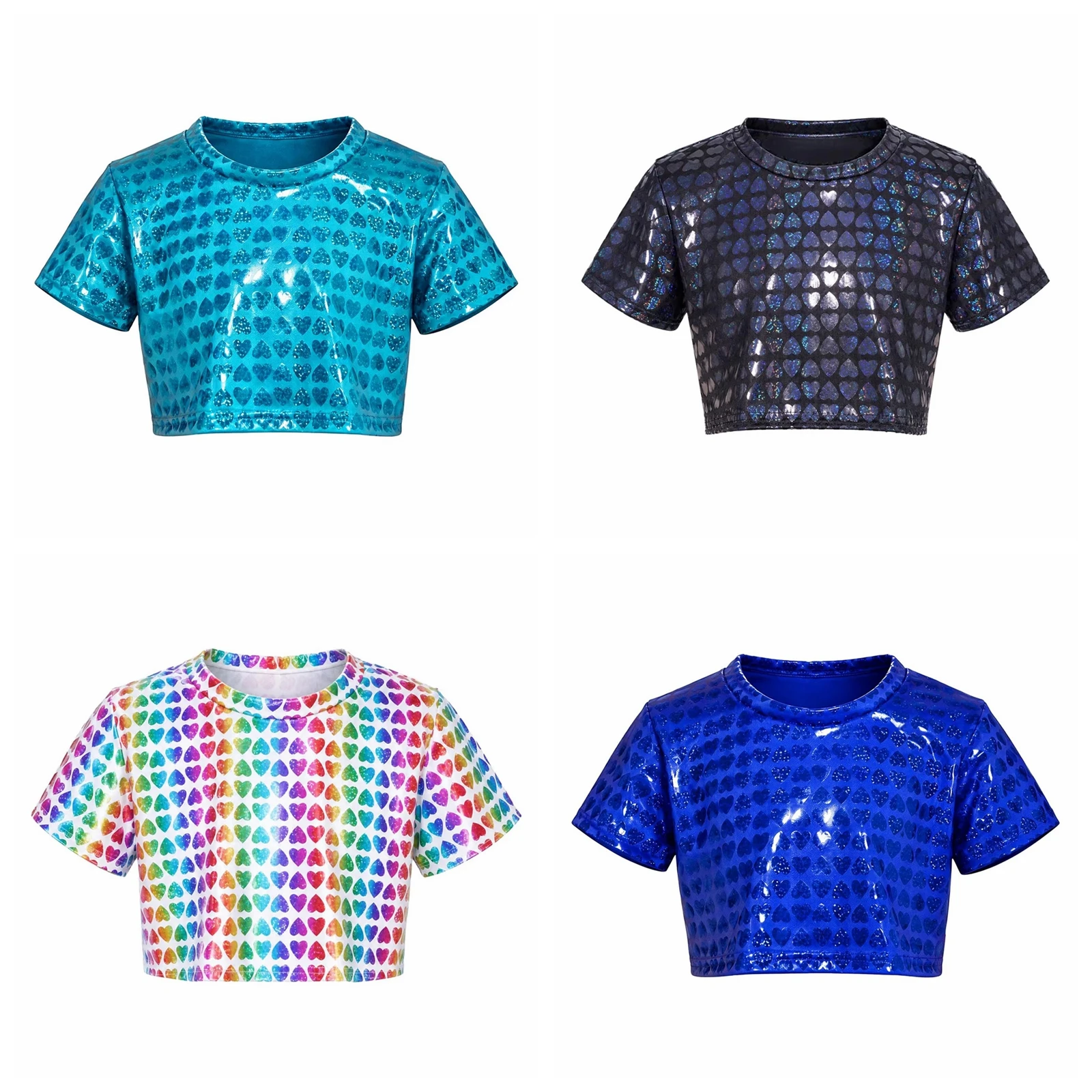 Children Crop Top Metallic Summer T-shirts Fashion Kids Short-sleeve T-shirt for Girls Jazz Dance Costume 70s Disco Hip Hop Tops