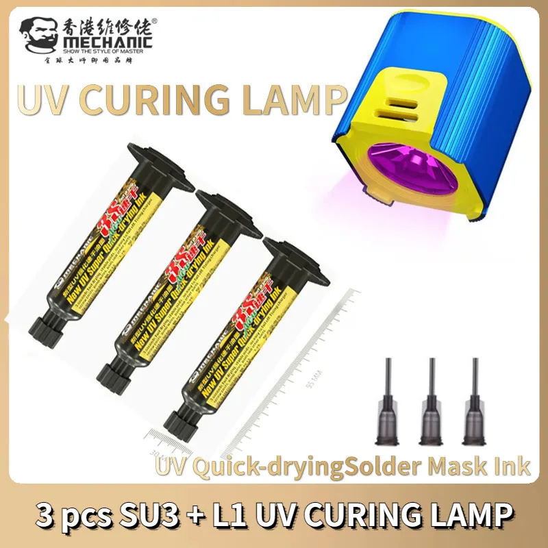 

3PCS MECHANIC 10ML UV 3S Quick-drying Solder Mask Yellow Ink for Mobile Phone Repair Jumping Wire + L1 UV curing light