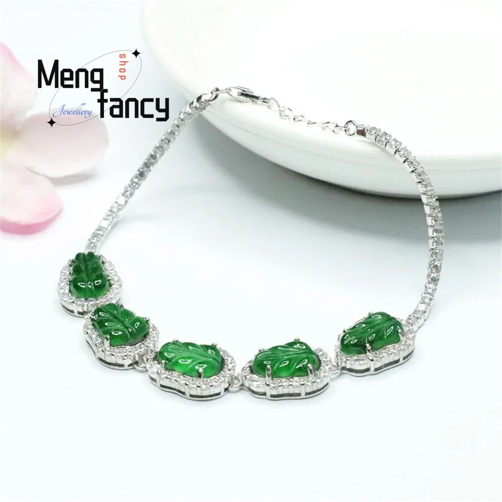 S925 Silver Lnlaid Natural Jadeite Ice Imperial Green Leaf Bracelet Exquisite Elegant Simple High-grade Luxury Quality Jewelry