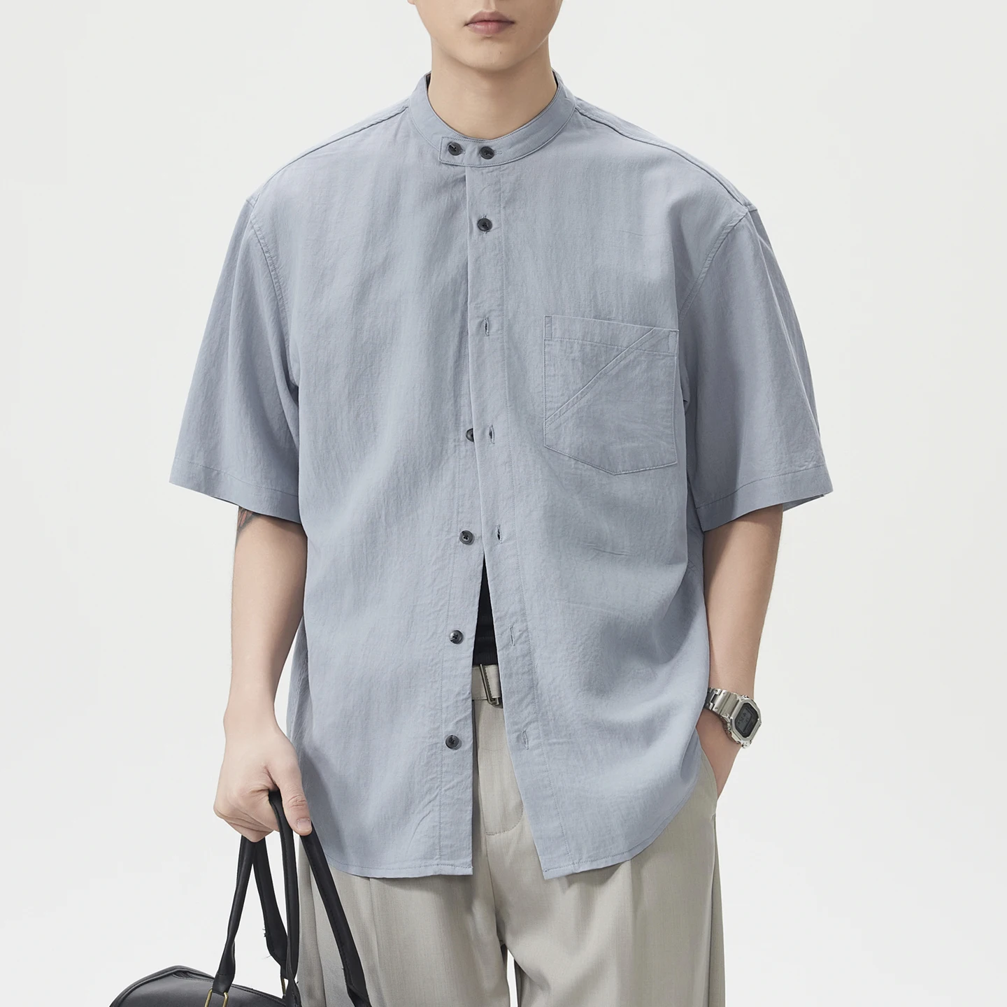 

Men Fashion Vintage Business Casual Stand Collar Short Sleeve Loose Commute Shirt Japanese Korean Streetwear Shirts Tops
