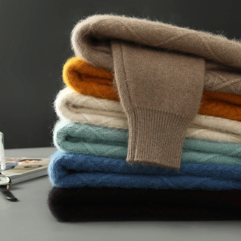 男性セーター 100% 純粋なミンクカシミヤ秋冬厚手ニットセーターカジュアルラウンドネックプルオーバー暖かいジャカード紳士服