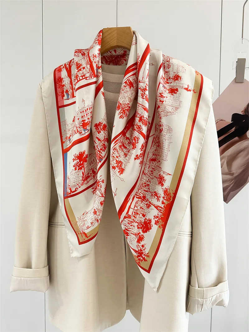 Red Silk Scarf Luxury 90cm Square Shawls Rolled Edges Bandanas Bag Accessories Head Hair Bag Belt Decoration Mother Gift