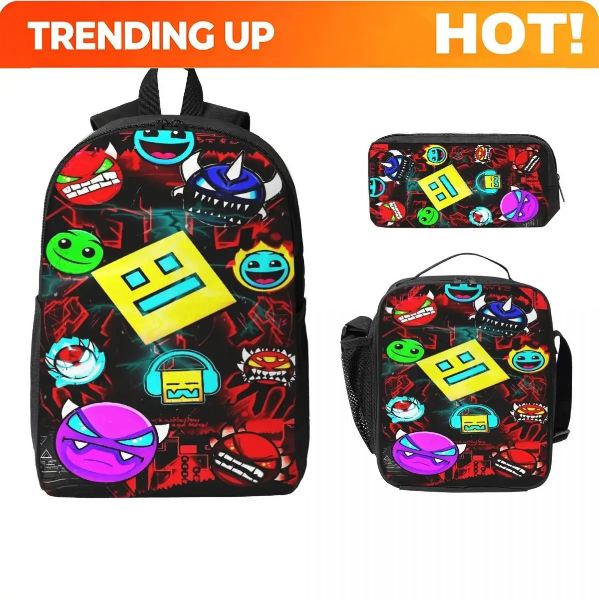 Custom Bag Geometry Dash Gaming Meme Kids Backpack Lunch Box Pencil Boxes For Boys Girls Backpacks Schoolbag Bookbag Set