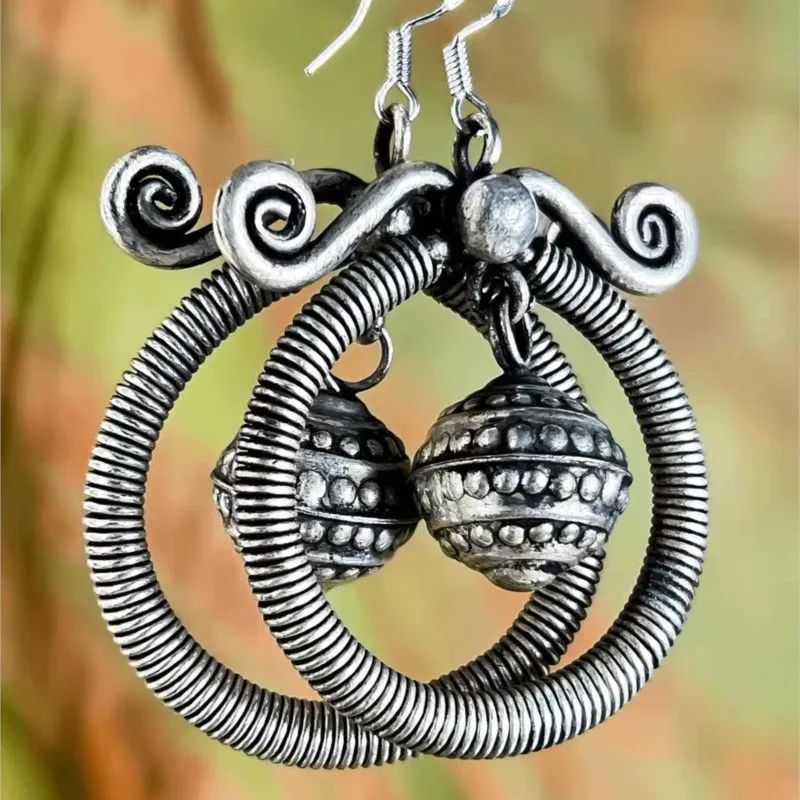 

Ethnic Traditional Filigree Retro Court Earrings, Handmade Miao Silver Double-sided Bronze Drum Earrings