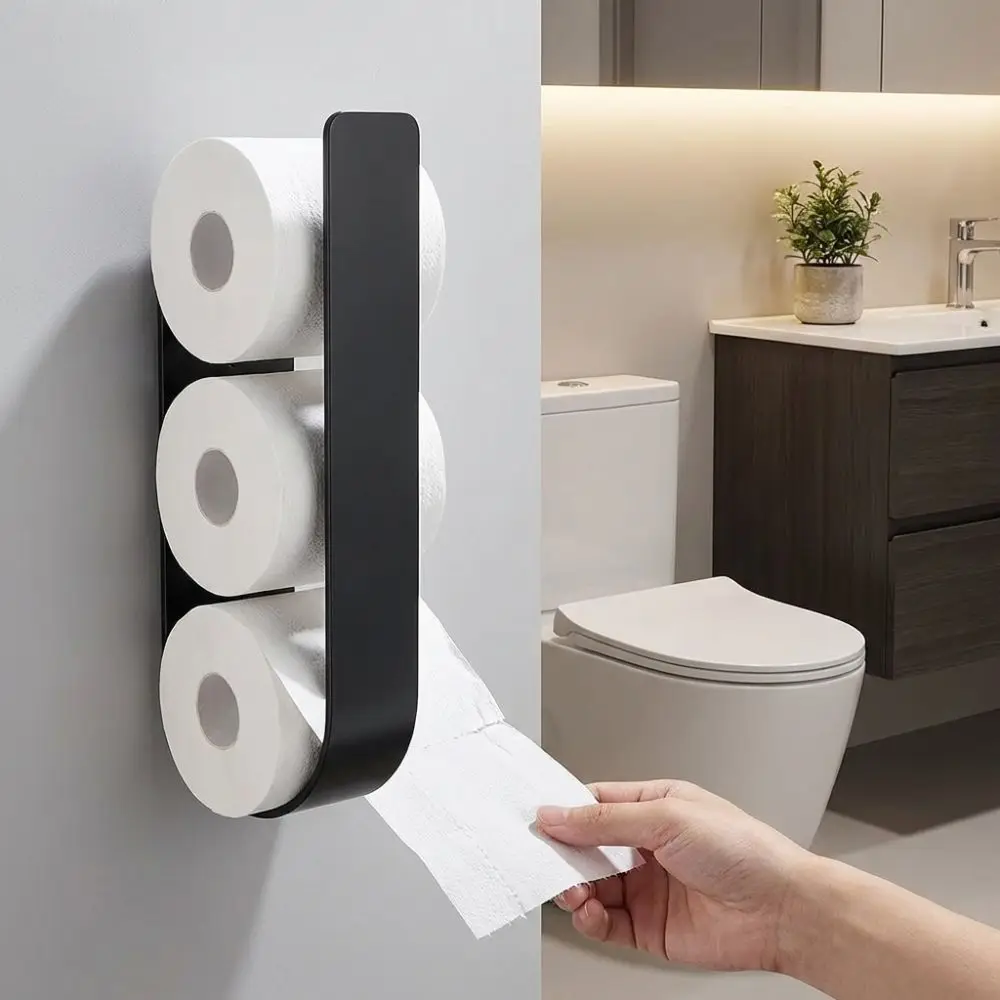 Wall-Mounted Toilet Paper Holder U Shaped Storage Hooks Tissue Storage Shelf Space-Saving Self-adhesive Toilet Roll Organizer