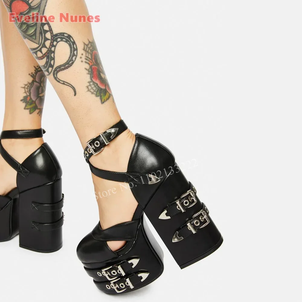 

Ladies Black Hollow Buckle Pumps Women's Solid Platform Chunky Heel Leather Round Toe Fashion News Shoes For footwear