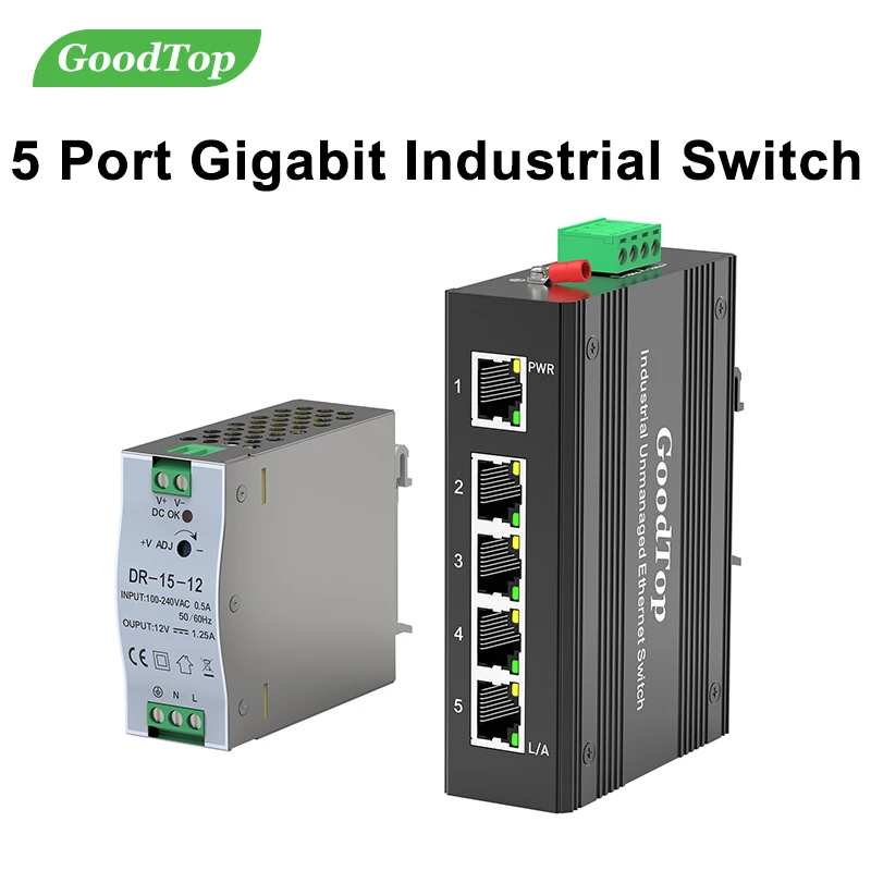 GoodTop 5 Port Gigabit Unmanaged Industrial Switch with DIN Rail 15W Power Supply 1000M Ethernet IP40 Plug and Play