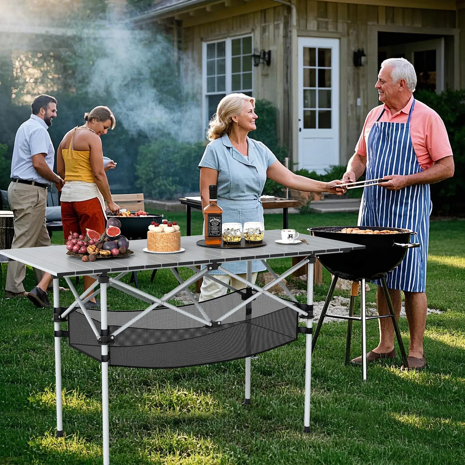 

Patio Folding Camping Table w/ Aluminum Roll-up Tabletop & Mesh Basket