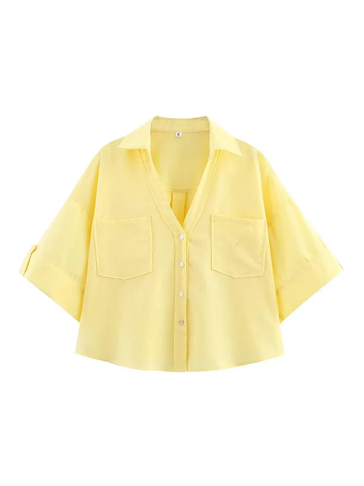 2025 frauen Sommer Shirts Blusen Tops Fashion Solid Leinen V-ausschnitt Kurzarm Weibliche Elegante Straße Lose Top Kleidung